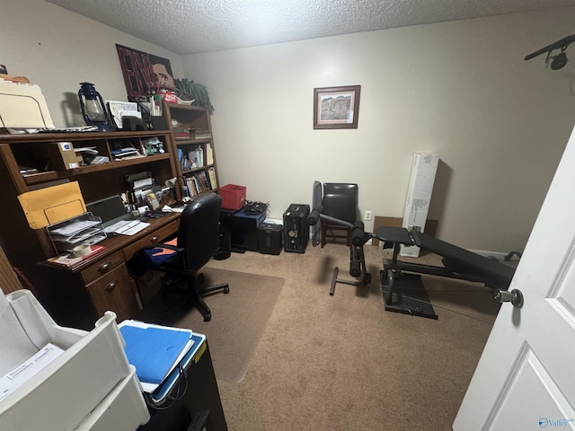 home office with a textured ceiling and carpet floors
