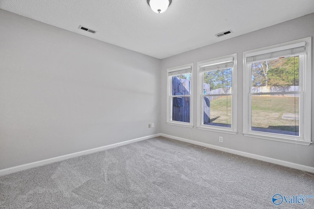 carpeted empty room featuring a textured ceiling