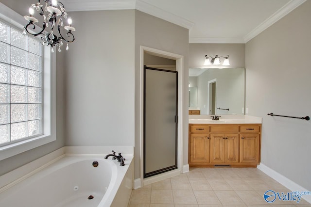 bathroom featuring plus walk in shower, a notable chandelier, tile patterned floors, crown molding, and vanity