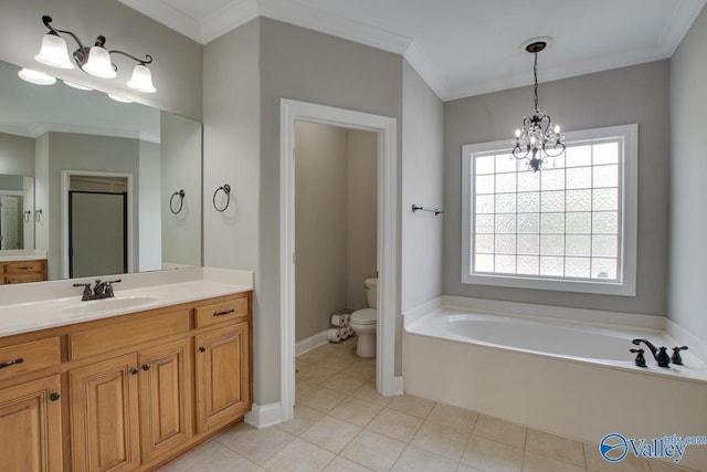 bathroom featuring ornamental molding, vanity, toilet, and a bath