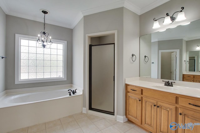 bathroom featuring independent shower and bath, tile patterned flooring, vanity, and ornamental molding