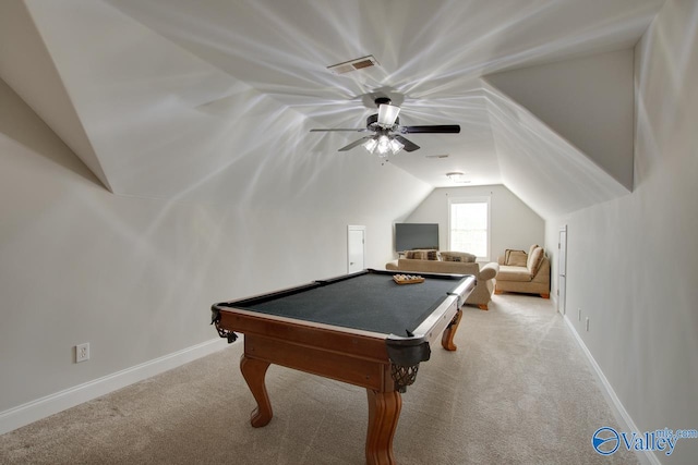 game room featuring light carpet, lofted ceiling, ceiling fan, and billiards