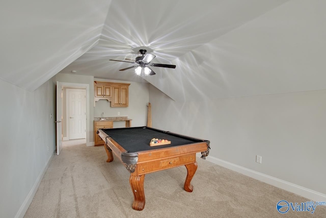 recreation room featuring pool table, ceiling fan, vaulted ceiling, and light colored carpet