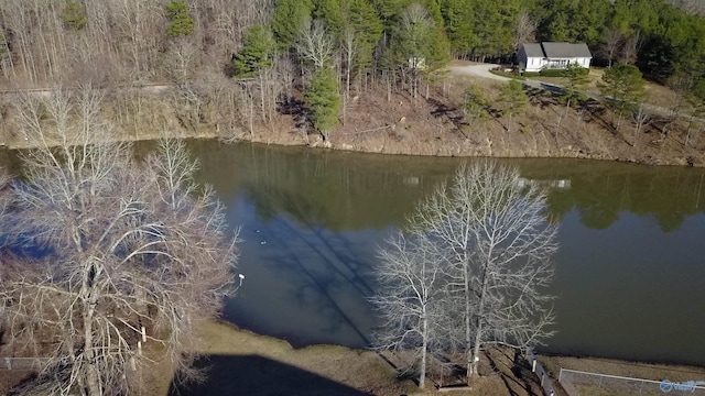 drone / aerial view with a water view and a forest view