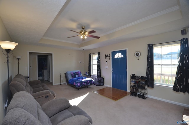 living room with a tray ceiling, carpet flooring, and a wealth of natural light