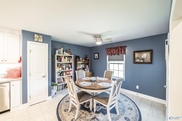 dining space with baseboards and ceiling fan