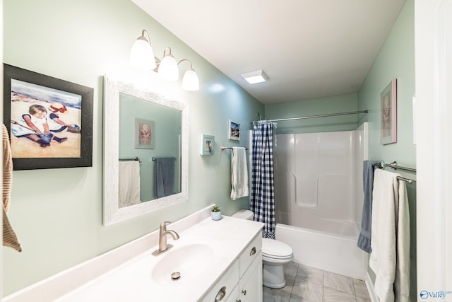 bathroom with vanity, shower / bathtub combination with curtain, and toilet