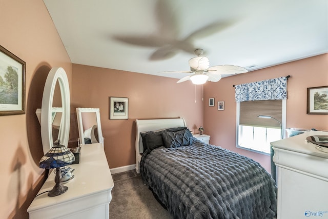 bedroom featuring ceiling fan, visible vents, baseboards, and dark colored carpet