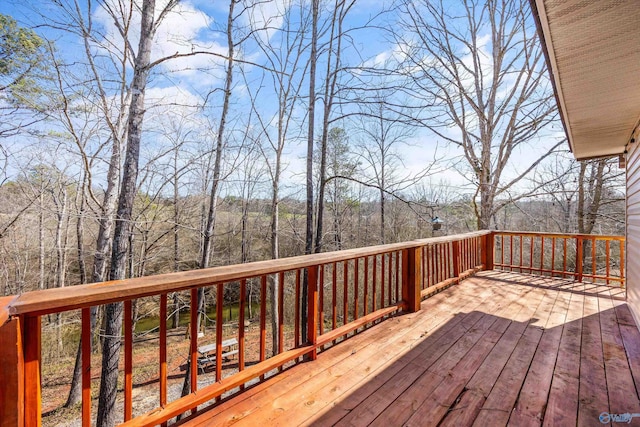 wooden deck with a wooded view