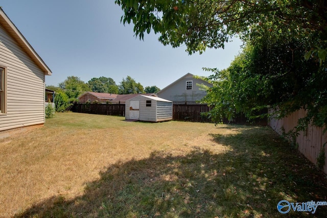 view of yard with a fenced backyard, a storage unit, and an outbuilding