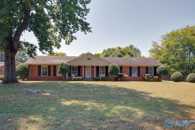 single story home with brick siding, crawl space, and a front yard