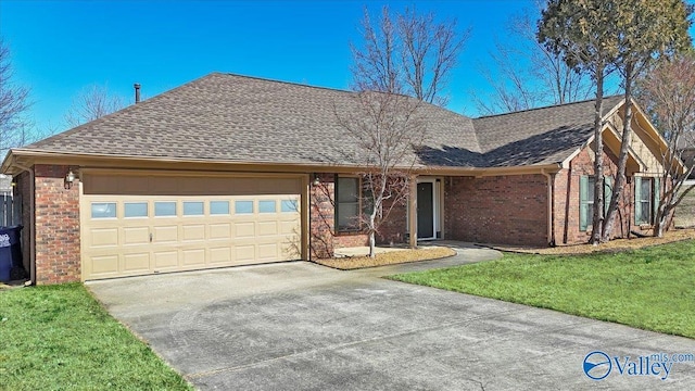 ranch-style house featuring a garage, a shingled roof, concrete driveway, and brick siding