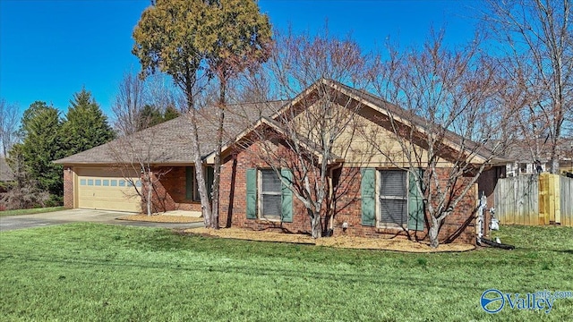 single story home featuring a garage, a front yard, brick siding, and fence