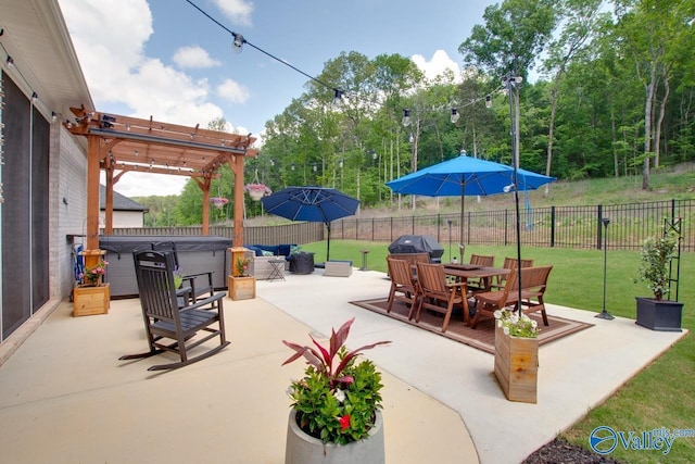 8076 Goose Ridge Dr, Owens Cross Roads, AL 35763 - view of patio / terrace with a hot tub, a pergola, outdoor dining area, and area for grilling