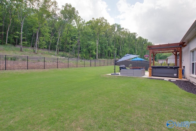8076 Goose Ridge Dr, Owens Cross Roads, AL 35763 - view of yard with a hot tub, a pergola, a patio area, and a wooded view