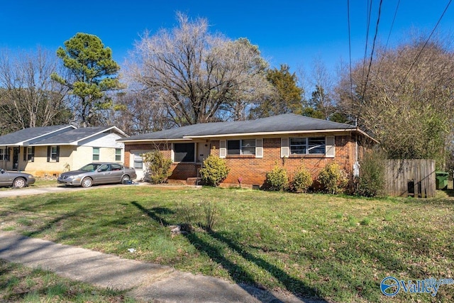 ranch-style house with crawl space, brick siding, and a front lawn