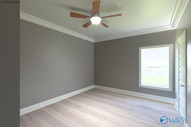 unfurnished room with ornamental molding, ceiling fan, and light wood-type flooring