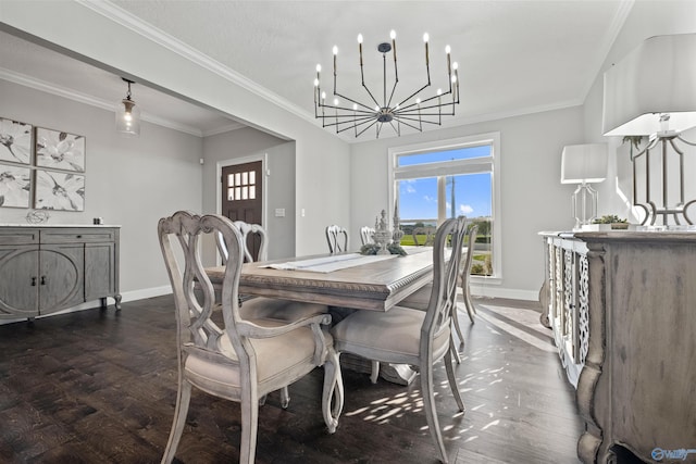 dining room with baseboards, an inviting chandelier, ornamental molding, and dark wood finished floors