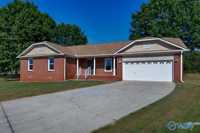 single story home featuring a garage and a front yard