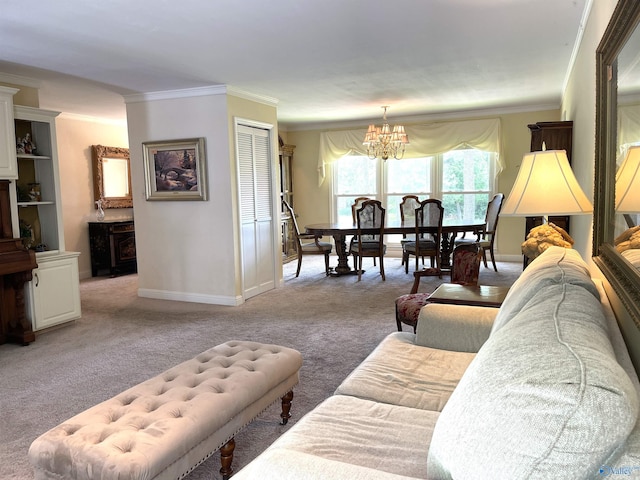 carpeted living room with an inviting chandelier and ornamental molding