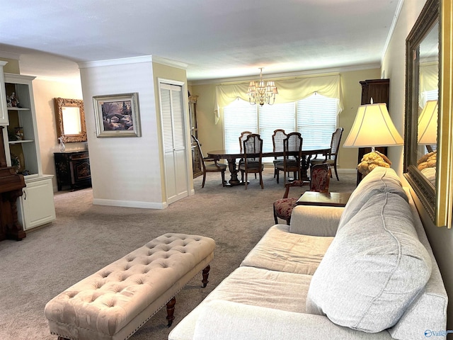 living area with a chandelier, carpet floors, and ornamental molding