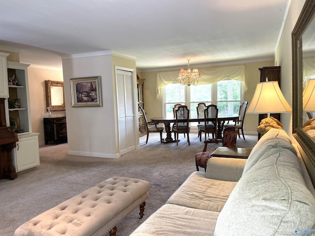 living room featuring light carpet, baseboards, a chandelier, and ornamental molding