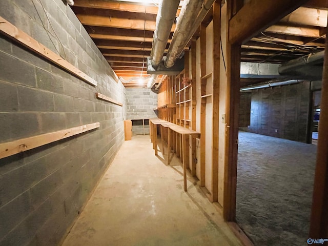 unfinished basement featuring concrete block wall