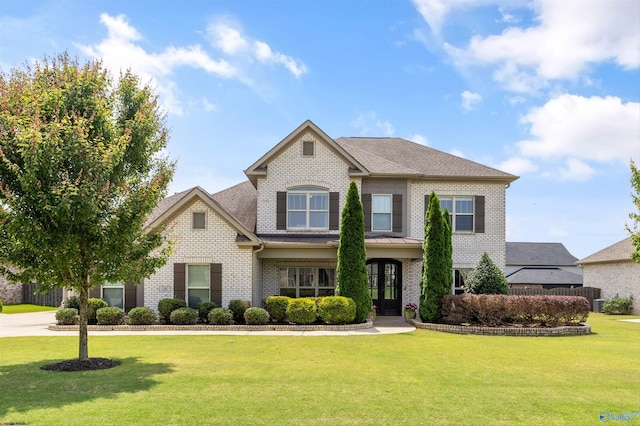 26 Abby Glen Way SE, Gurley, AL 35748 - view of front facade featuring brick siding, a front yard, a shingled roof, and french doors