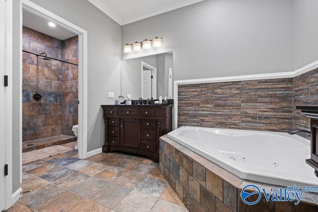 full bathroom with toilet, vanity, independent shower and bath, and ornamental molding