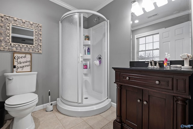 bathroom with tile patterned flooring, toilet, a shower with door, vanity, and ornamental molding