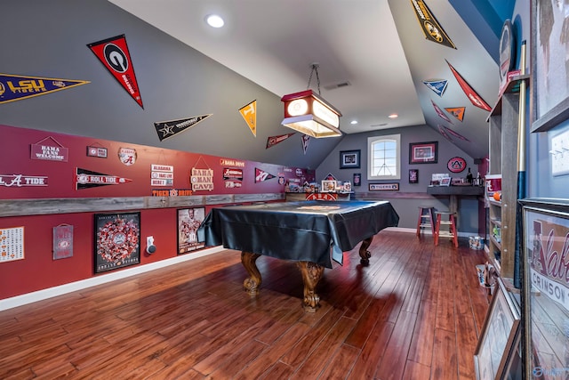 playroom featuring hardwood / wood-style floors, lofted ceiling, and pool table