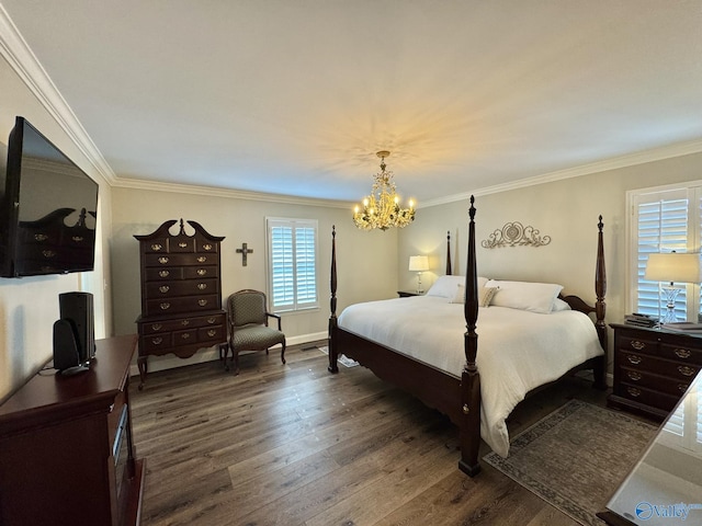 bedroom with dark wood-type flooring, crown molding, and a notable chandelier