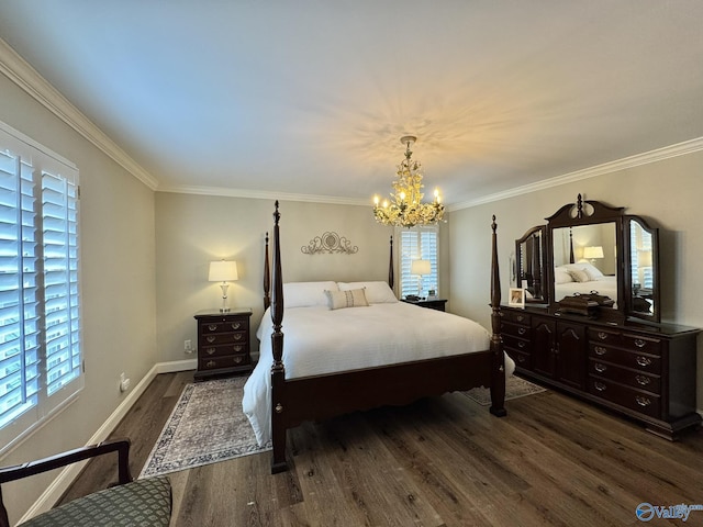 bedroom featuring ornamental molding, an inviting chandelier, and dark hardwood / wood-style flooring