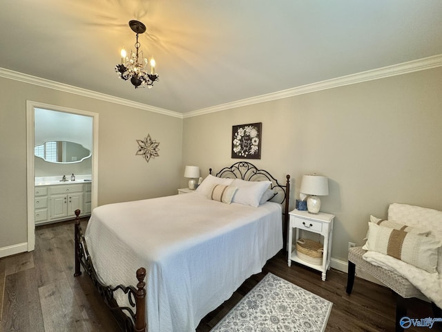 bedroom featuring sink, crown molding, an inviting chandelier, and dark hardwood / wood-style flooring