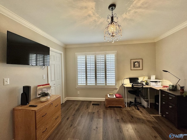 home office featuring a notable chandelier, dark wood-type flooring, and ornamental molding