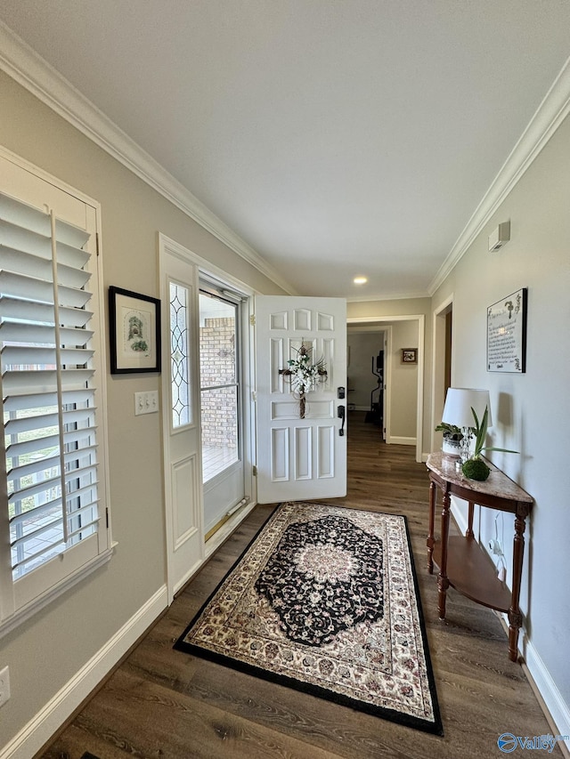 entryway with crown molding and dark hardwood / wood-style flooring