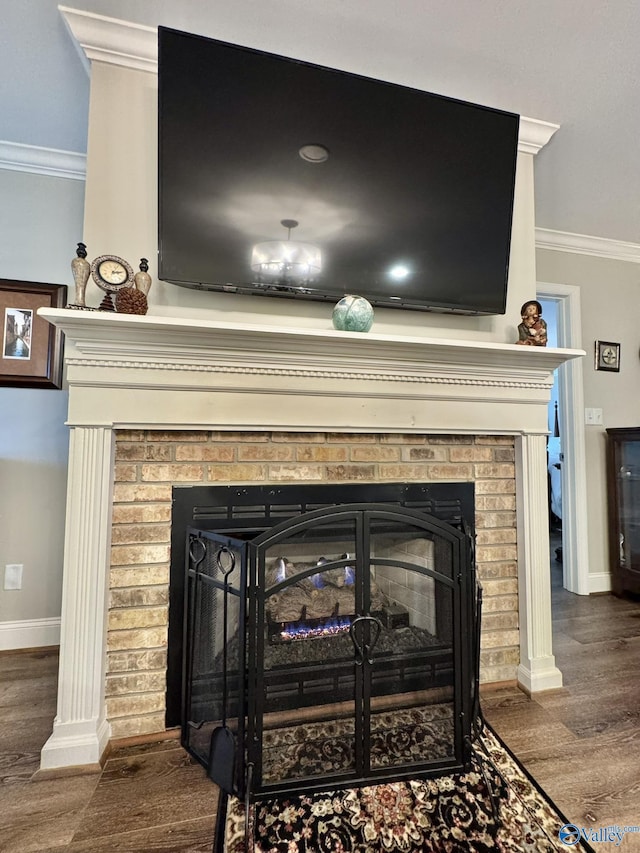 details featuring a fireplace, crown molding, and wood-type flooring