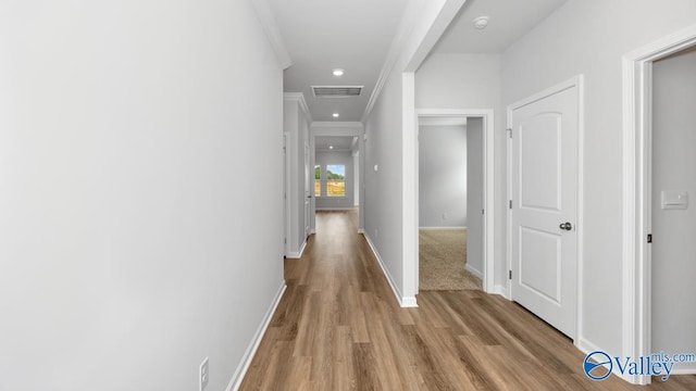 corridor with crown molding and light hardwood / wood-style flooring