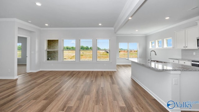 kitchen with dark wood-type flooring, sink, ornamental molding, light stone counters, and white cabinetry