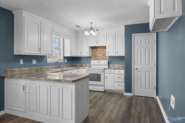 kitchen with white range with electric stovetop, white cabinetry, and a peninsula