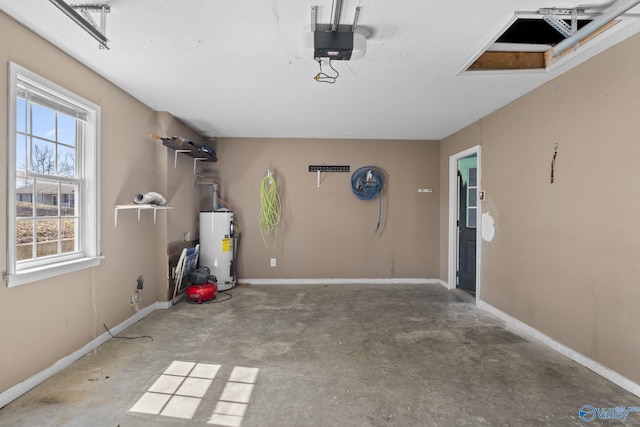 garage with water heater, baseboards, and a garage door opener