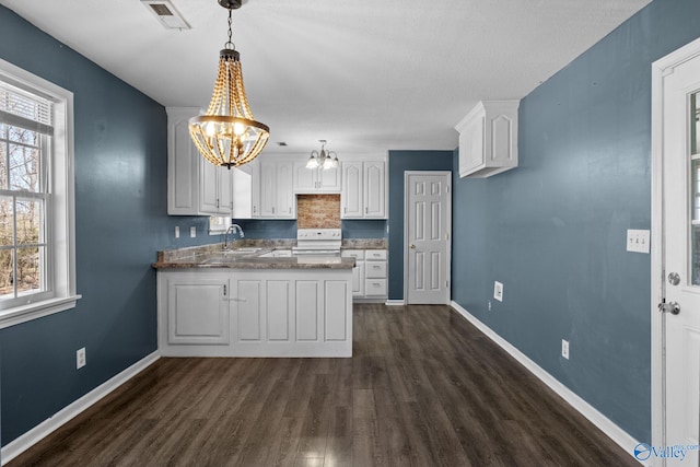 kitchen with white range with electric stovetop, white cabinets, dark wood-style floors, decorative light fixtures, and a peninsula