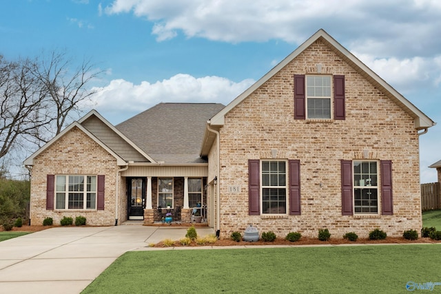 view of front facade featuring brick siding, driveway, roof with shingles, and a front lawn