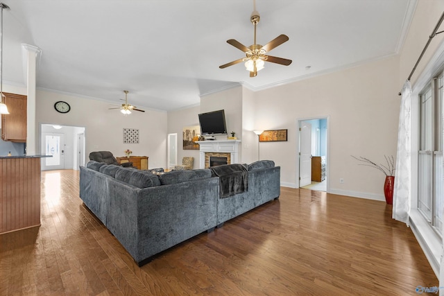 105 Cherrywood Dr, Madison, AL 35756 - living area with ceiling fan, wood finished floors, ornamental molding, and a fireplace