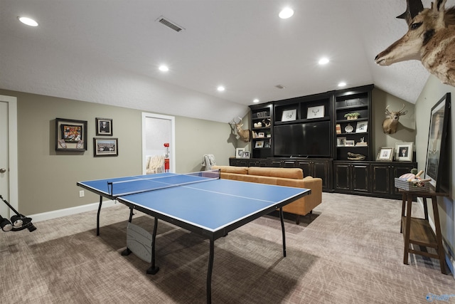 playroom with recessed lighting, visible vents, light carpet, and lofted ceiling