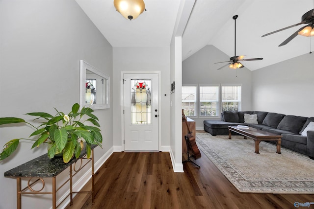 16290 Log Cabin Rd, Athens, AL 35611 - entryway featuring dark wood-style floors, a ceiling fan, vaulted ceiling, and baseboards