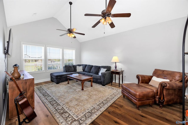 16290 Log Cabin Rd, Athens, AL 35611 - living room with wood finished floors, a ceiling fan, and high vaulted ceiling