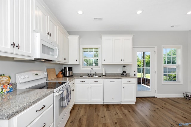 16290 Log Cabin Rd, Athens, AL 35611 - kitchen featuring white appliances, a sink, wood finished floors, white cabinets, and recessed lighting