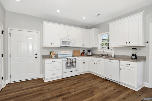 16290 Log Cabin Rd, Athens, AL 35611 - kitchen featuring white appliances, a sink, dark wood-style flooring, white cabinets, and recessed lighting