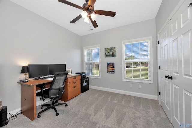 16290 Log Cabin Rd, Athens, AL 35611 - home office featuring baseboards, carpet, a ceiling fan, and lofted ceiling